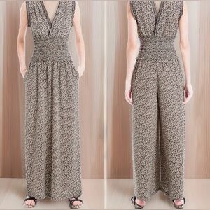 Max Studio Black/Tan Leaf Print Smocked Waist Wide Leg Crepe Jumpsuit NWT